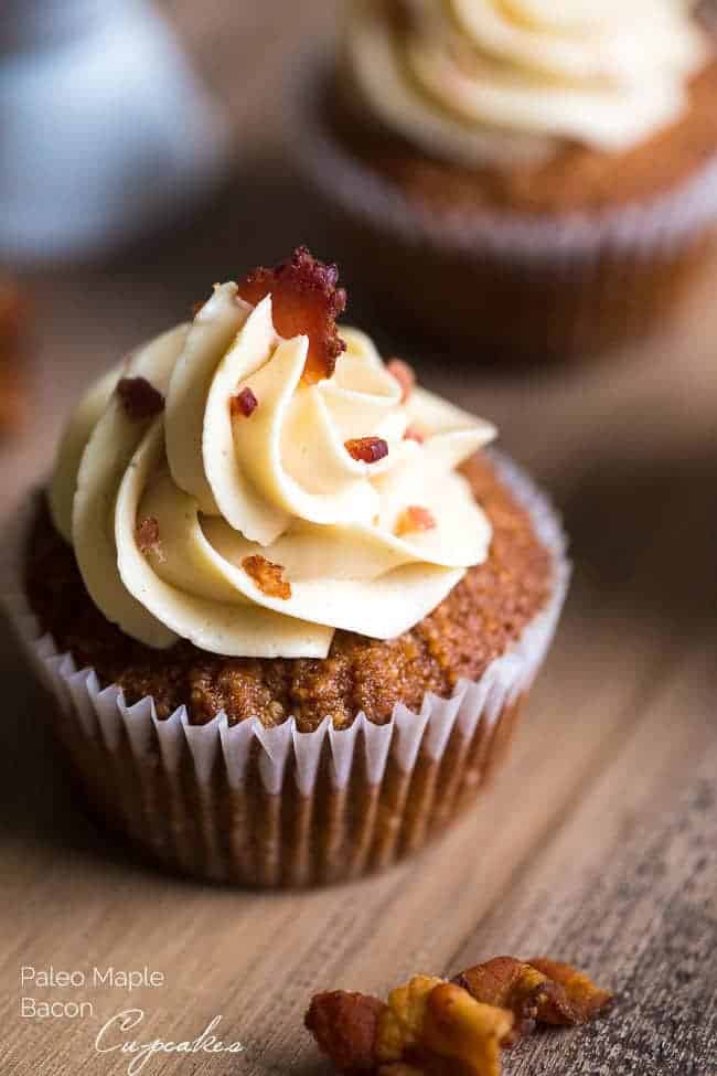 Paleo Maple Bacon Gluten Free Cupcakes - Naturally sweetened with maple syrup, swirled with bacon and topped with Bacon Buttercream! You NEED to try these! | Foodfaithfitness.com | @FoodFaithFit