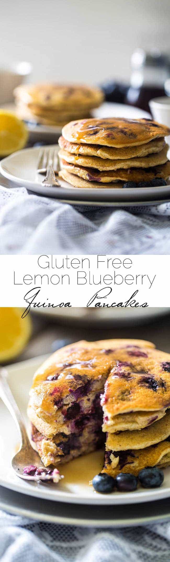 Quinoa Blueberry Lemon Gluten Free Pancakes - Made with Greek yogurt for a healthy breakfast that is packed with protein and perfect for Spring! | Foodfaithfitness.com | @FoodFaithFit