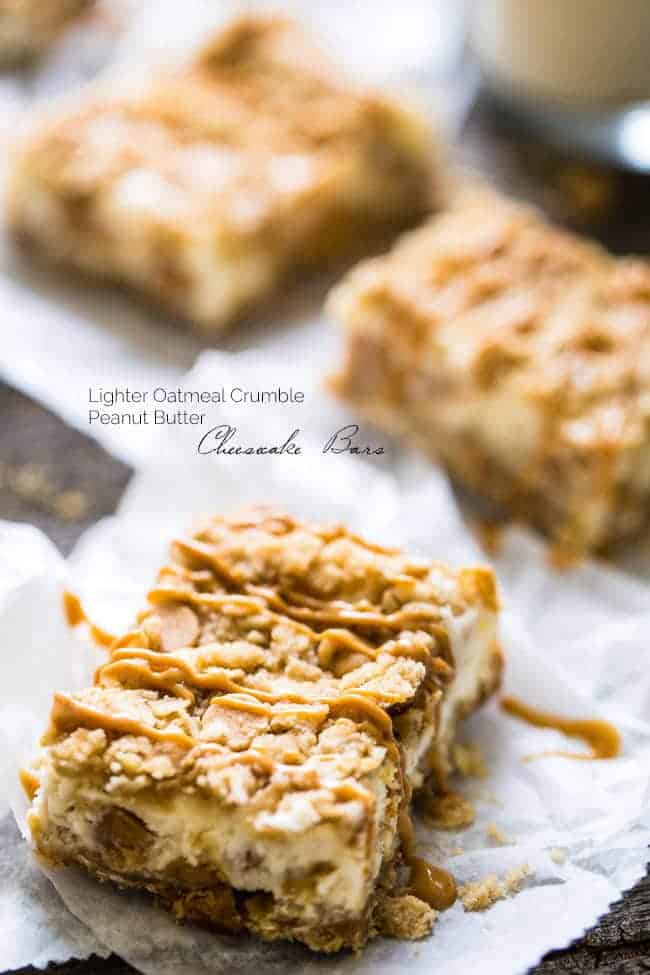 Healthier Oatmeal Crumble Peanut Butter Cheesecake Bars - SO easy to make and always a hit at gatherings! So creamy that you would never know they're lightened up with Greek yogurt and whole wheat flour! | Foodfaithfitness.com | @FoodFaithFit