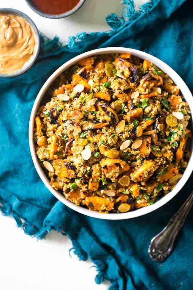 Grilled Sweet Potato Salad with Curry Almond Butter Vinaigrette - Grilled sweet potatoes, cauliflower rice and creamy almond butter make this a healthy, Paleo, whole & Vegan-friendly side dish for the Summer! | #Foodfaithfitness | #paleo #vegan #whole30 #healthy #potatosalad