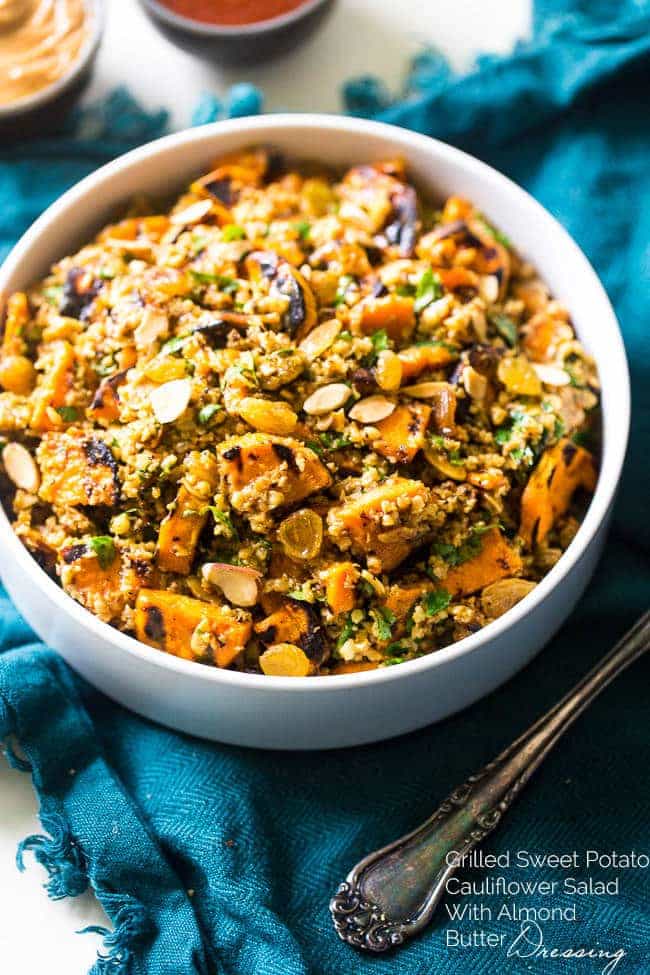 Grilled Sweet Potato Salad with Curry Almond Butter Vinaigrette - Grilled sweet potatoes, cauliflower rice and creamy almond butter make this a healthy, Paleo, whole & Vegan-friendly side dish for the Summer! | #Foodfaithfitness | #paleo #vegan #whole30 #healthy #potatosalad