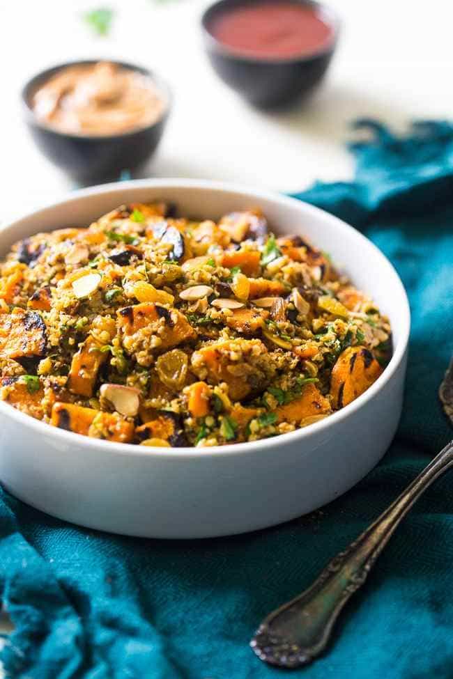 Grilled Sweet Potato Salad with Curry Almond Butter Vinaigrette - Grilled sweet potatoes, cauliflower rice and creamy almond butter make this a healthy, Paleo & Vegan-friendly side dish for the Summer! | Foodfaithfitness.com | @FoodFaithFit