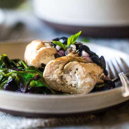 Grilled Goat Cheese Stuffed Chicken Breasts with Balsamic Blueberry Salsa – A 30 minute, easy, healthy dinner that feels fancy! Perfect for summer entertaining! | Foodfaithfitness.com | @FoodFaithFit
