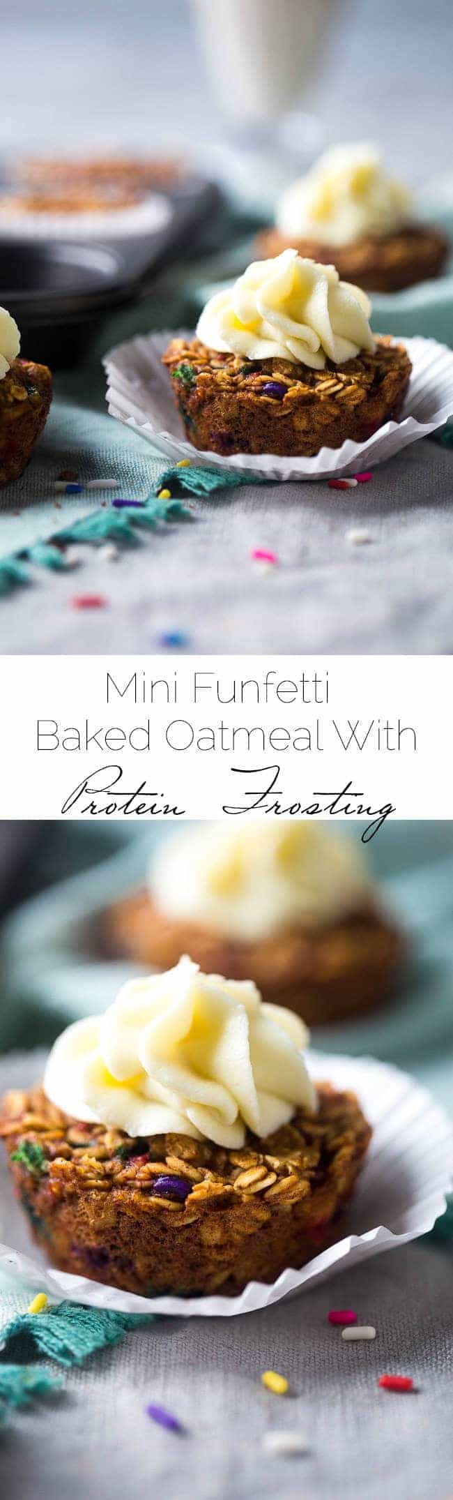 Mini Funfetti Baked Oatmeal Cupcakes - Made with Greek yogurt and protein powder for a healthy, portable breakfast that is oil and sugar free! Great for kids! | Foodfaithfitness.com | @FoodFaithFit