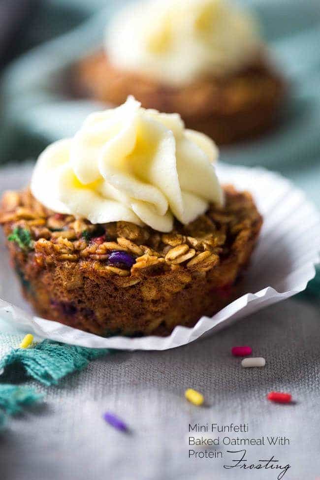 Mini Funfetti Baked Oatmeal Cupcakes - Made with Greek yogurt and protein powder for a healthy, portable breakfast that is oil and sugar free! Great for kids! | Foodfaithfitness.com | @FoodFaithFit