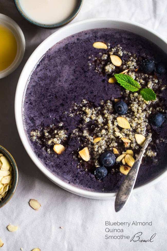 Blueberry Almond Breakfast Quinoa Smoothie Bowl – Quinoa made with vanilla almond milk and mixed with a blueberry smoothie for a quick and easy breakfast that is healthy, dairy/gluten free and loaded with superfoods! | Foodfaithfitness.com | @FoodFaithFit