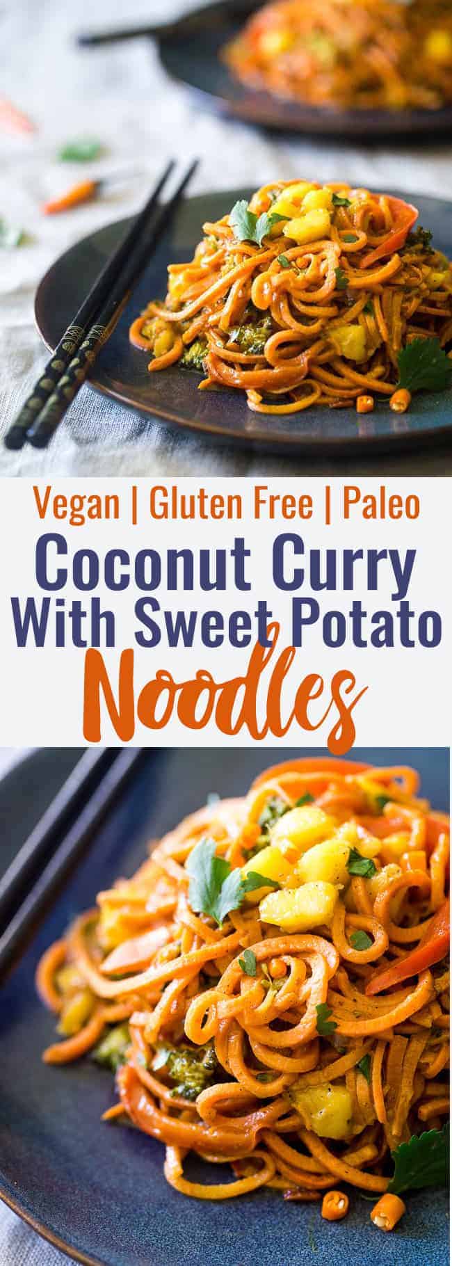 Vegan Coconut Sweet Potato Curry with Sweet Potato Noodles – This curry is ULTRA creamy and loaded with veggies, for a quick and SO easy, healthy dinner that is gluten free, vegan and paleo friendly! This has RAVE reader reviews! | #FoodFaithFitness | #Glutenfree #Vegan #Paleo #Dairyfree #Healthy