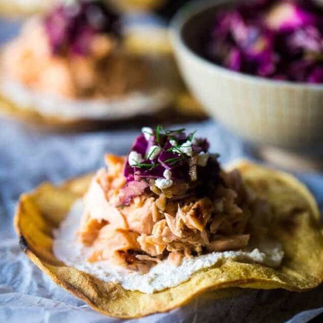 Grilled Maple Salmon Tostadas – Crunchy grilled tortillas are topped with Dijon mustard slaw and creamy goat cheese for a gluten free, healthy meal or appetizer, that's so easy to make! | Foodfaithfitness.com | @FoodFaithFit