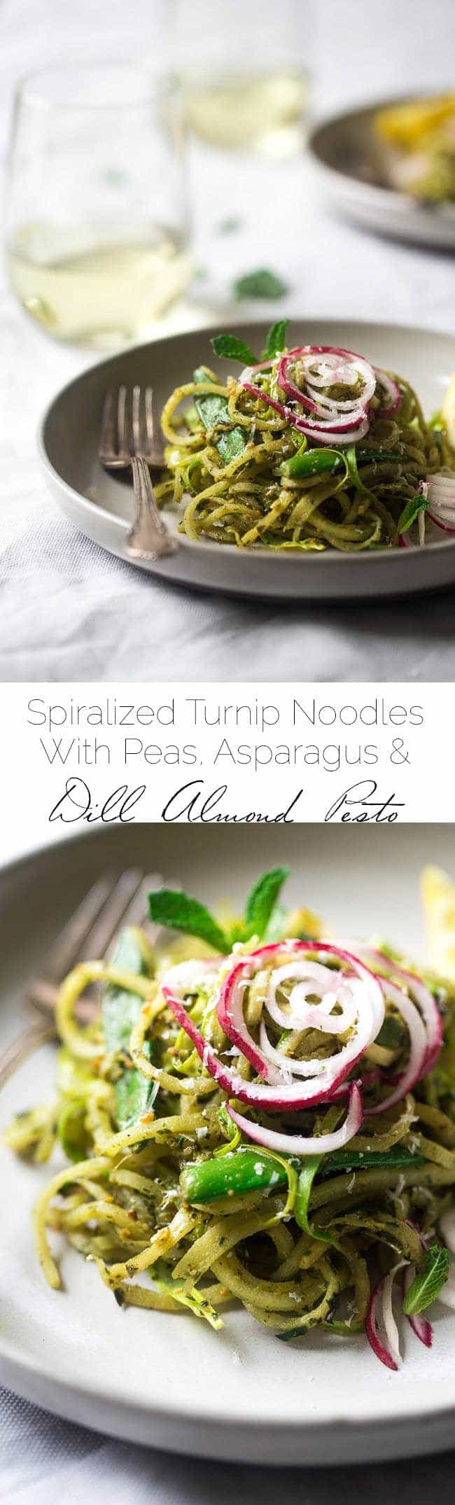 Turnip Noodle Pesto Pasta Salad with Peas and Asparagus – Spiralized turnips, asparagus and peas are tossed with pesto for a light, healthy and easy Spring meal! Low carb, gluten free and Vegetarian! | Foodfaithfitness.com | @FoodFaithFit