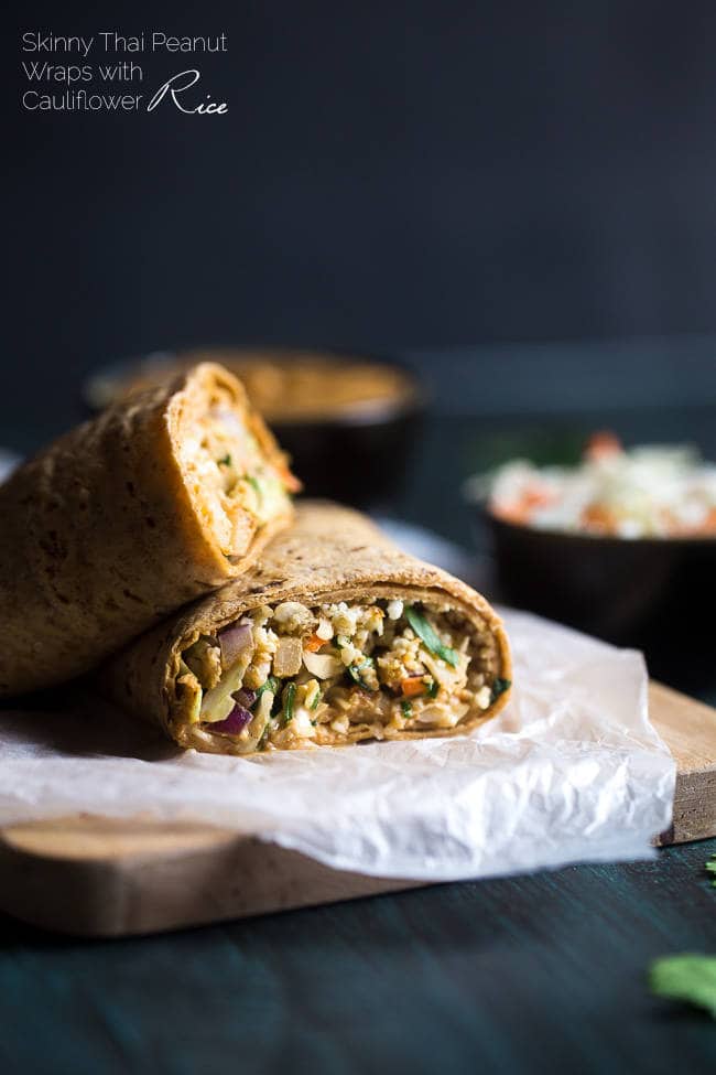 Skinny Thai Salad Wraps – A healthy, high-protein vegetarian wrap that is made with crunchy veggies, cauliflower rice and a low fat peanut sauce! A filling, easy meal for under 350 calories! | Foodfaithfitness.com | @FoodFaithFit