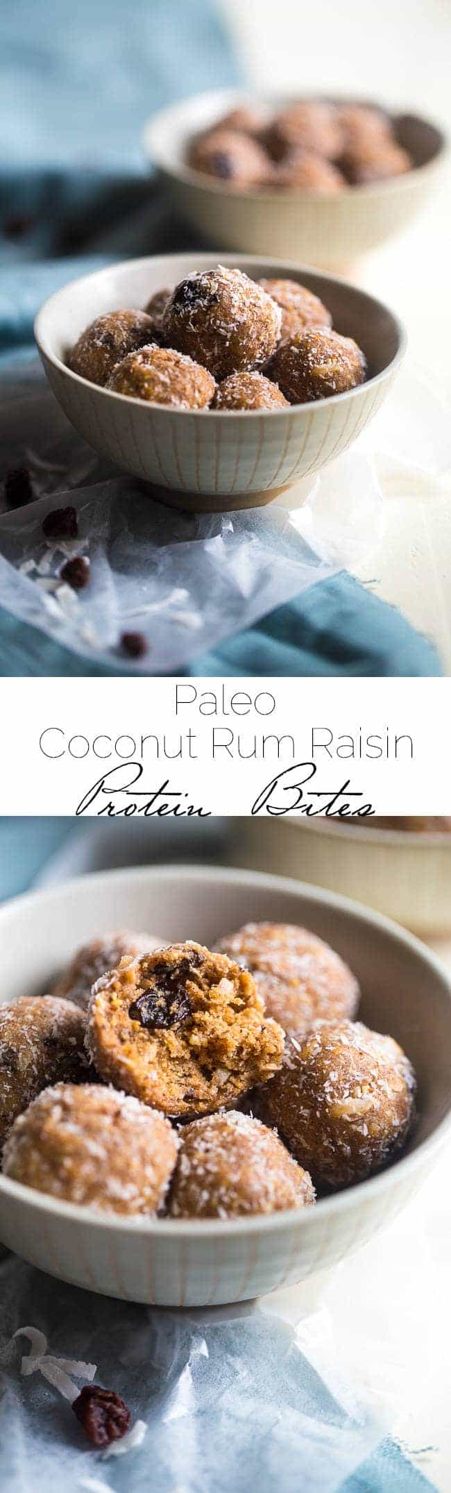 Paleo Coconut Rum Raisin Energy Balls - A quick and easy snack that are ready in only 10 minutes! A healthy, high protein and gluten free taste of the tropics to give you an energy boost! | Foodfaithfitness.com | @FoodFaithFit