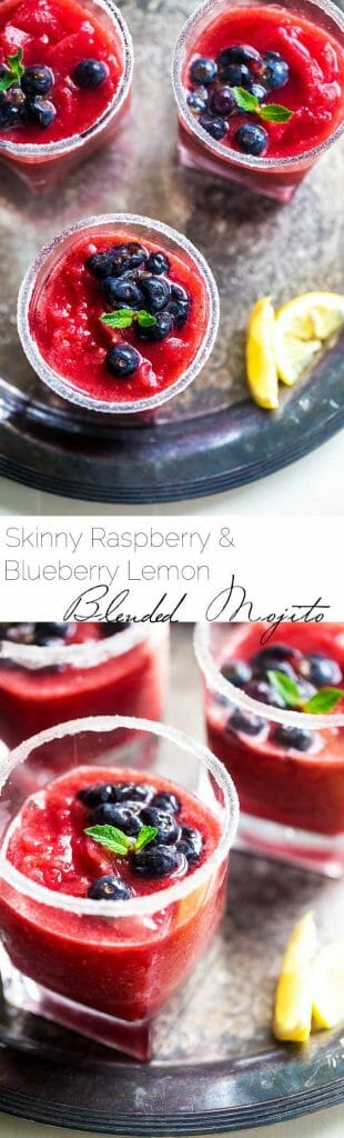 Skinny Blended Lemon Raspberry Mojito with Muddled Blueberries - Thick, frosty and SO refreshing for only 115 calories! Skinny summer drinking at it's best! | Foodfaithfitness.com | @FoodFaithFit
