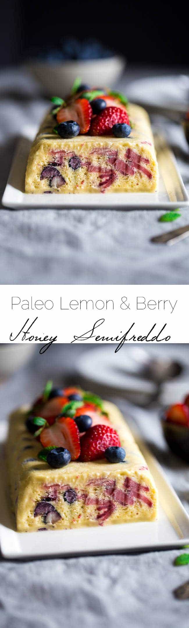 Paleo Red, White and Blueberry Lemon Honey Semifreddo Recipe - This frozen, mousse-like dessert uses honey and coconut milk to make it healthy, and only 160 calories a slice! It's loaded with berries and is creamy and refreshing! Perfect for July 4th! | Foodfaithfitness.com | @FoodFaithFit