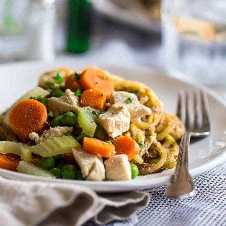 Healthy Chicken Pot Pie Potato Noodles - Spiralized potato noodles are mixed with a creamy Greek yogurt sauce, chicken, carrots and peas to make up this gluten free, healthy chicken pot pie, that is sure to please the pickiest of eaters! | Foodfaithfitness.com | @FoodFaithFit