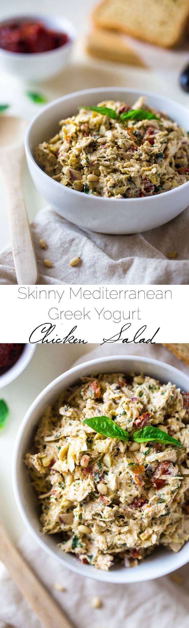 Mediterranean Greek Yogurt Chicken Salad - This creamy chicken salad is made with Greek yogurt, basil, artichokes, pine nuts and sun dried tomatoes for a quick and easy meal that is secretly healthy! | Foodfaithfitness.com | @FoodFaithFit