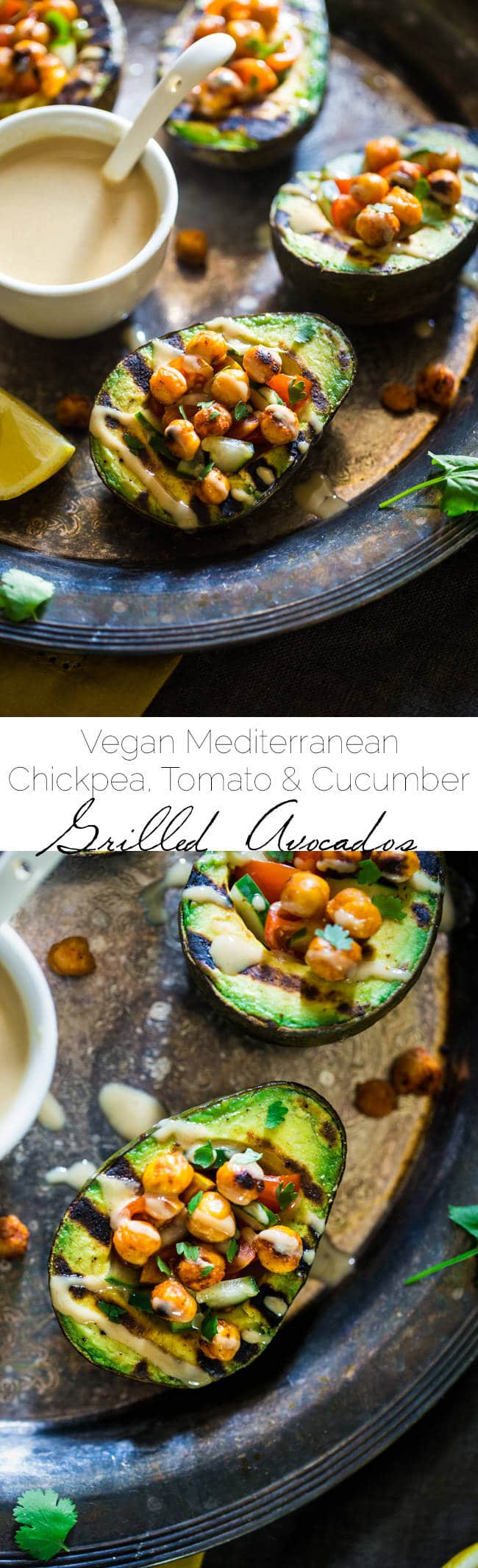 Vegan Mediterranean Chickpea Stuffed Grilled Avocado - Grilled avocado is stuffed with fresh cucumber, tomato and crispy grilled chickpeas! A drizzle of tahini makes this a delicious, healthy and easy, vegan dinner for under 250 calories! | Foodfaithfitness.com | @FoodFaithFit