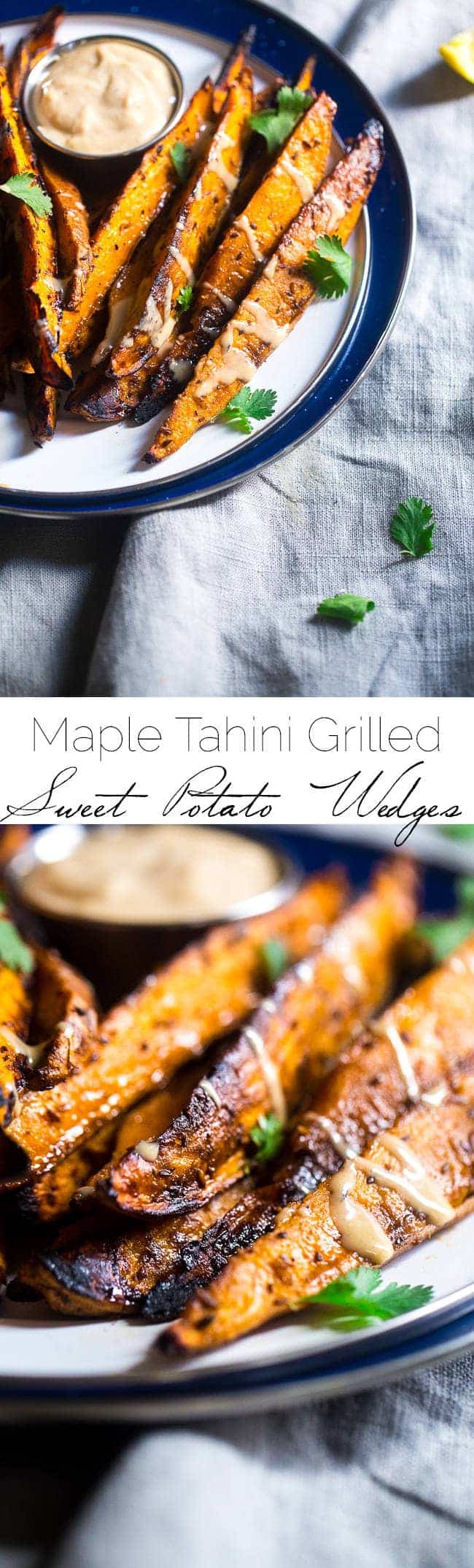Maple Tahini Grilled Sweet Potatoes - Grilled sweet potatoes are dipped into a creamy, sweet dip of maple syrup and tahini for an easy, paleo and vegan friendly side dish. A perfect, healthy summer side dish! | FoodFaithfitness.com | @FoodFaithFit