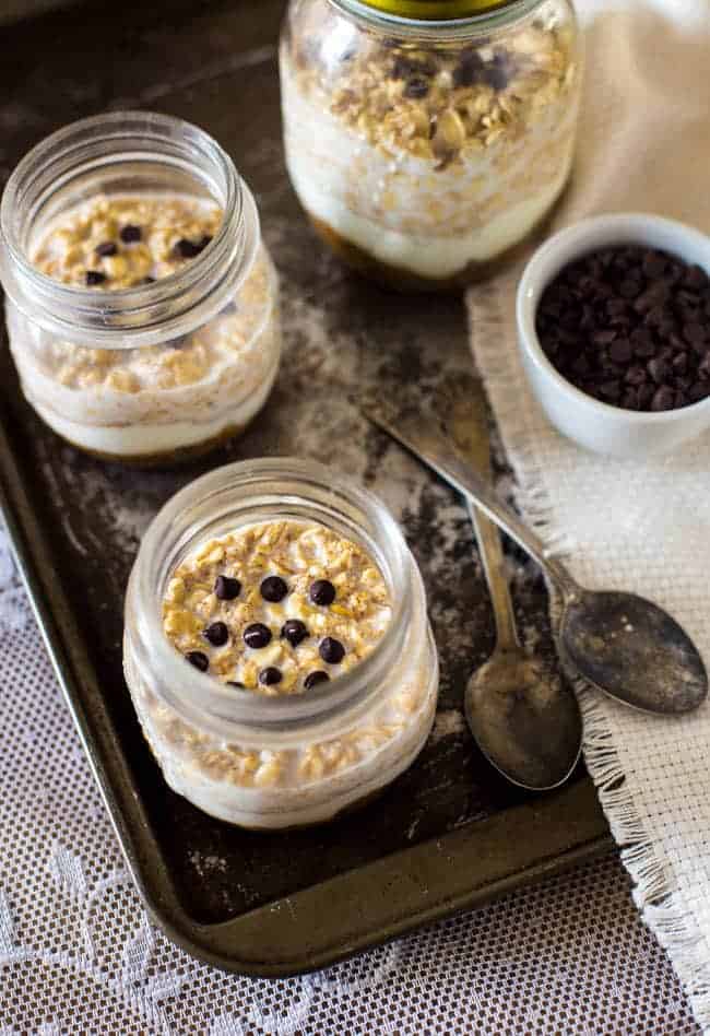 Cookie Dough Overnight Oats - These overnight oats are layered with peanut butter Greek yogurt chocolate chip cookie dough for an easy breakfast that is high protein, and perfect for busy mornings! | Foodfaithfitness.com | @FoodFaithFit