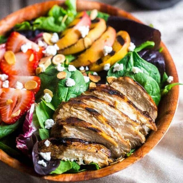 Strawberry Salad with Grilled Nectarines and Balsamic Vinaigrette - A healthy, summer salad that is loaded with sweet strawberries, grilled chicken and nectarines and topped with tangy balsamic vinaigrette. Easy and gluten free! | Foodfaithfitness.com | @FoodFaithFit