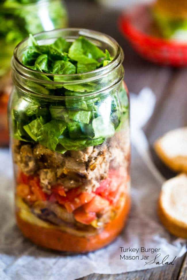 Turkey Burger Mason Jar Salads - A fun, easy way to make your burger portable! All the taste of a burger in a healthy, gluten free and low carb meal! | Foodfaithfitness.com | @FoodFaithFit
