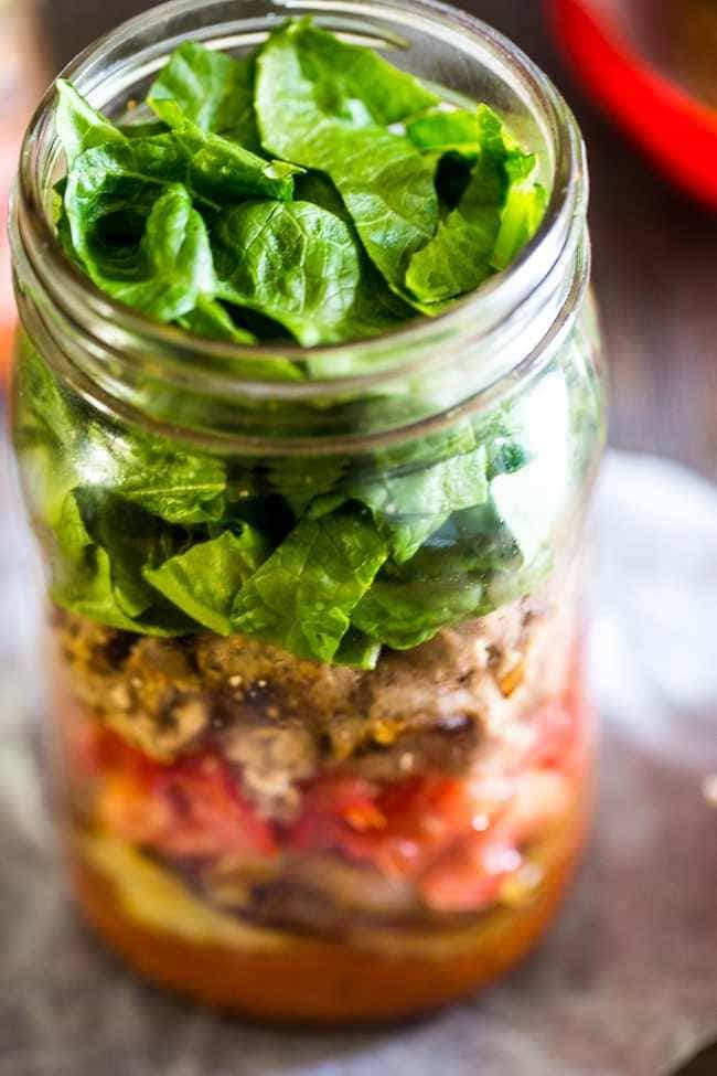 Turkey Burger Mason Jar Salads - A fun, easy way to make your burger portable! All the taste of a burger in a healthy, gluten free and low carb meal! | Foodfaithfitness.com | @FoodFaithFit