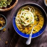 Paleo & Vegan Almond Butter Coconut Curry with Spiralized Sweet Potato and Apple Noodles - Creamy, spicy and ready in 30 minutes! A healthy bowl of fall comfort for your next meatless Monday! | Foodfaithfitness.com | @FoodFaithFit