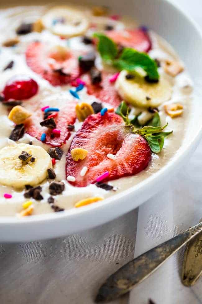 extreme close up of vegan smoothie bowl with sprinkles on top
