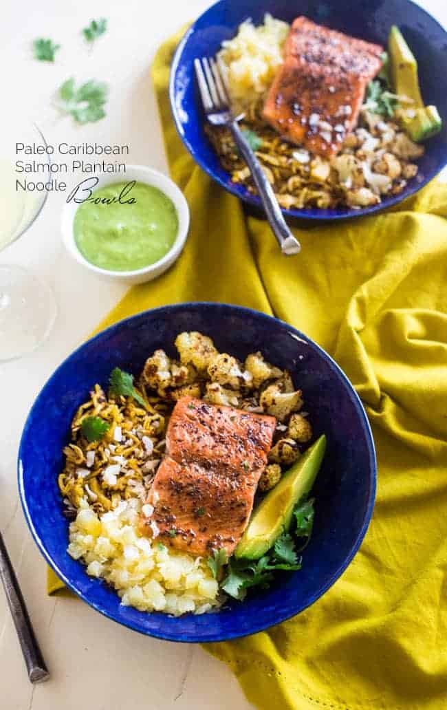Caribbean Salmon Plantain Noodle Bowls - Plantain noodles are mixed with pineapple, spicy roasted cauliflower, sweet baked salmon and topped with coconut avocado sauce for a tropical, paleo meal! | Foodfaithfitness.com | @FoodFaithFit