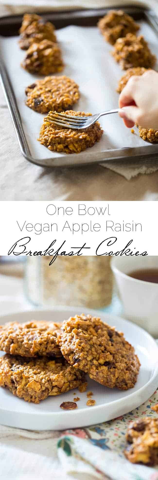 Apple Raisin Breakfast Cookie s - These easy, one-bowl breakfast cookies are made with oatmeal, apples, raisins and almond butter for a healthy, vegan & gluten free breakfast. They're perfect for busy mornings! | Foodfaithfitness.com | @FoodFaithFit