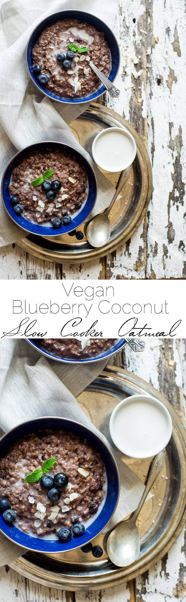 Vegan Coconut Blueberry Slow Cooker Oatmeal - Let the slow cooker do the work for you with this easy, healthy and sugar/gluten/dairy free oatmeal that is creamy and sweet! Perfect to make ahead for busy mornings! | Foodfaithfitness.com | @FoodFaithFit