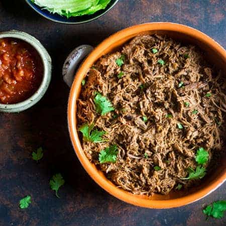 Paleo Pumpkin Salsa Shredded Slow Cooker Roast Beef - Roast beef is mixed with pumpkin and salsa, and then slow cooked until tender and juicy! Shred it up and it's perfect in tacos or on a salad for a healthy, weeknight meal! | Foodfaithfitness.com | @FoodFaithFit
