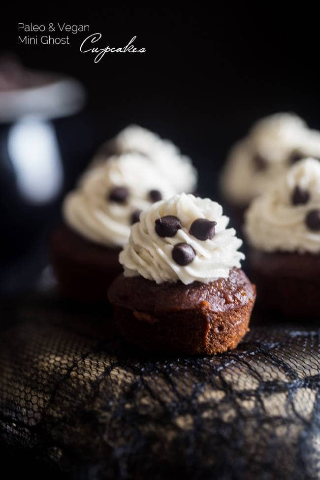Paleo + Vegan Spooky Mini Chocolate Banana Cupcakes with Coconut Cream - These mini cupcakes are naturally sweetened, paleo and vegan friendly and are only 100 calories! They're always a hit at Halloween parties! | Foodfaithfitness.com | @FoodFaithFit