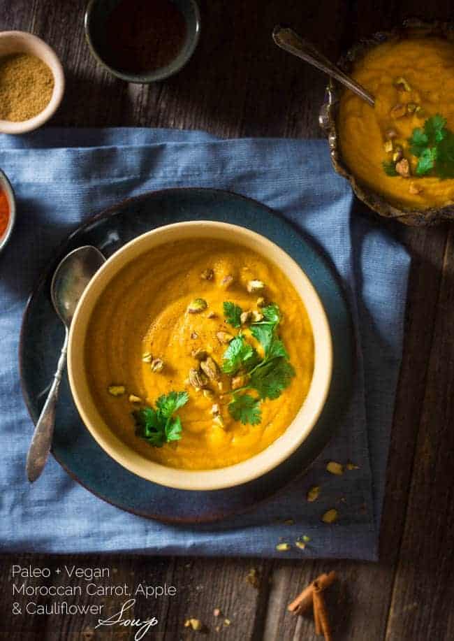 Vegan + Paleo Moroccan Apple, Carrot and Pistachio Cauliflower Soup - This easy, healthy soup is blended with spicy Moroccan flavors, carrots, apples and pistachio cream for an easy, vegan and paleo-friendly fall meal! | Foodfaithfitness.com | @FoodFaithFit