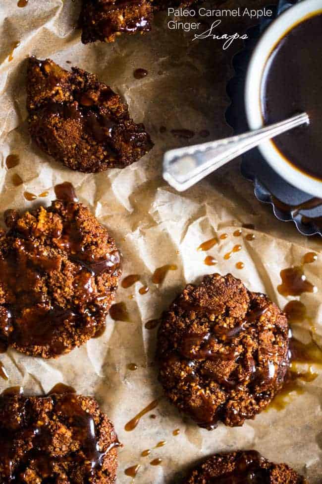 Paleo Caramel Apple Ginger Snaps - This healthy ginger snap recipe is mixed with dried apples and drizzled with caramel sauce for a paleo-friendly twist on the classic fall or Christmas cookie! | Foodfaithfitness.com | @FoodFaithFit