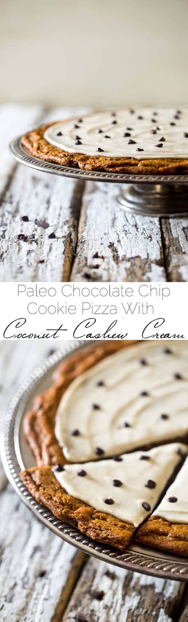 Paleo Cookie Pizza with Cashew Cream - Who needs paleo cookies when you could have a Paleo Cookie Pizza?! This chocolate chip cookie pizza is topped with cashew cream and is a gluten free dessert that is secretly healthy! | Foodfaithfitness.com | @FoodFaithFit