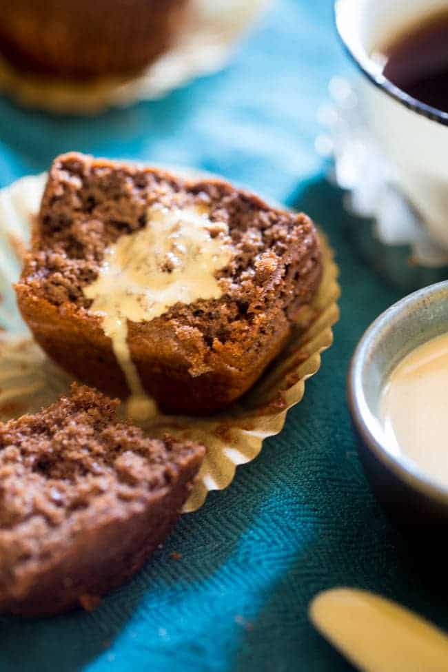 Paleo Maple Tahini Chocolate Muffins - These gluten free chocolate muffins are sweetened with maple syrup and have a hint of tahini. They're a healthy, easy breakfast for busy mornings that are only 170 calories! | #Foodfaithfitness | #Paleo #healthy #glutenfree #muffins #coconutflour