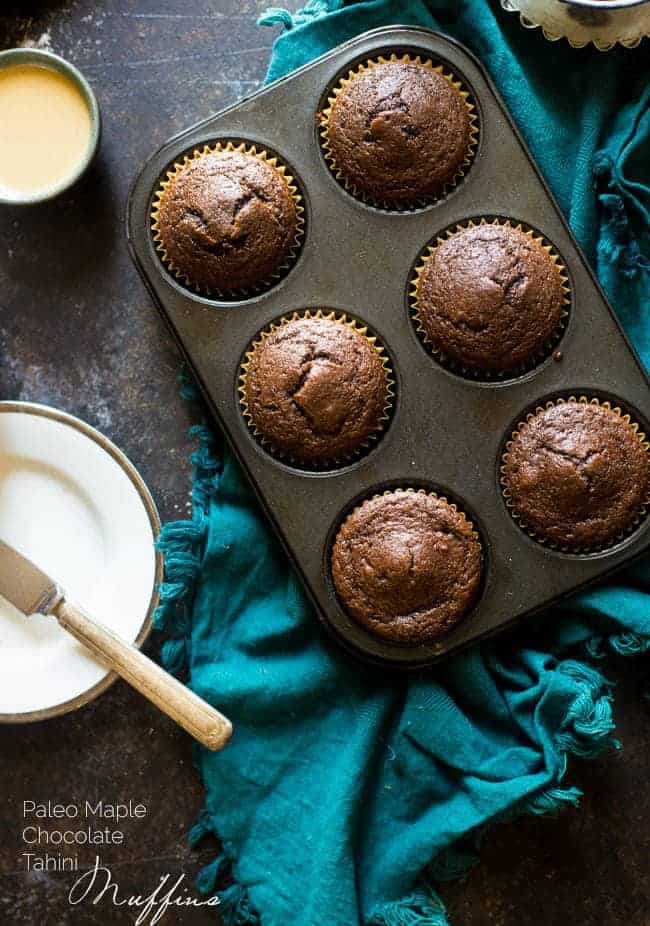 Paleo Maple Tahini Chocolate Muffins - These gluten free chocolate muffins are sweetened with maple syrup and have a hint of tahini. They're a healthy, easy breakfast for busy mornings that are only 170 calories! | #Foodfaithfitness | #Paleo #healthy #glutenfree #muffins #coconutflour
