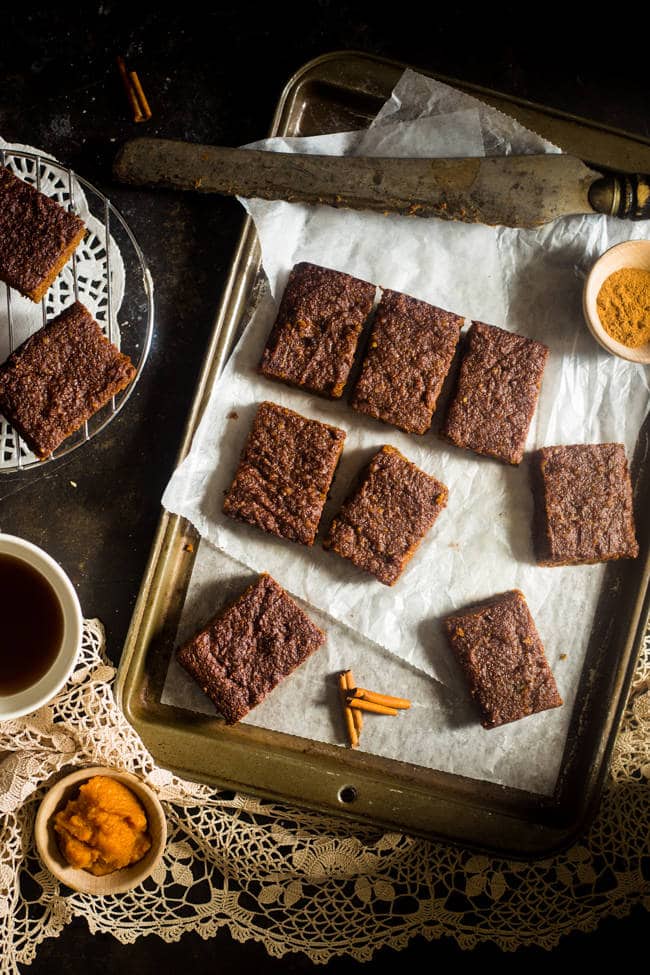 Paleo Pumpkin Cake Bars - These secretly healthy cake bars are made in one bowl and are gluten-free, paleo friendly and only 110 calories! They're a fall dessert that's always a crowd pleaser! | Foodfaithfitness.com | @FoodFaithFit