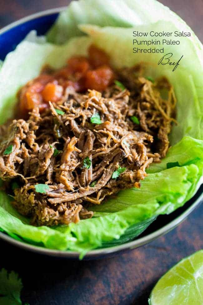 Paleo Pumpkin Salsa Shredded Slow Cooker Roast Beef - Roast beef is mixed with pumpkin and salsa, and then slow cooked until tender and juicy! Shred it up and it's perfect in tacos or on a salad for a healthy, weeknight meal! | Foodfaithfitness.com | @FoodFaithFit