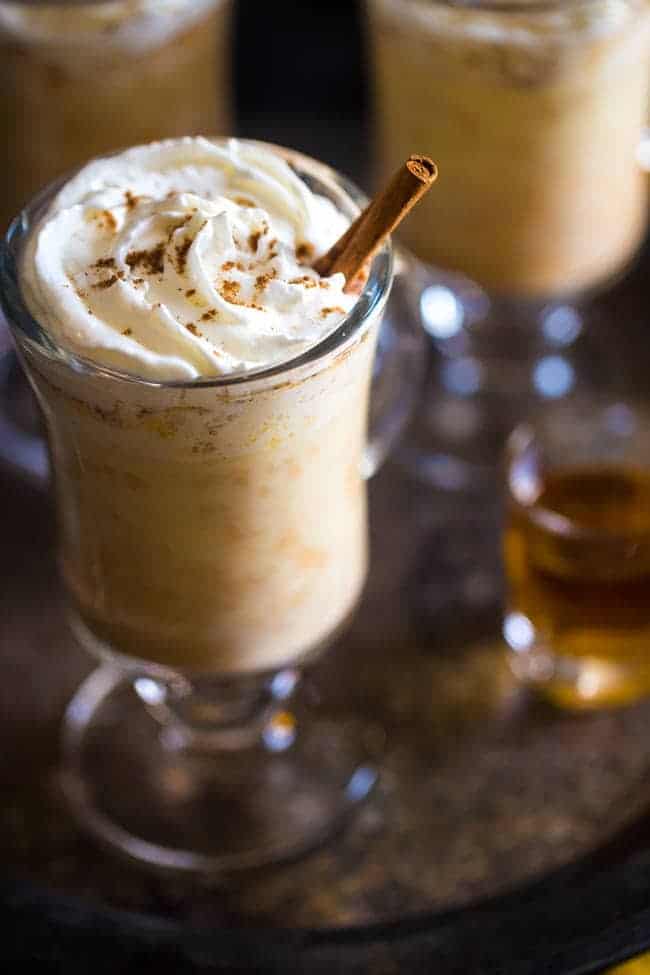Maple Pumpkin Steamed Almond Milk with Bourbon - Mixed with pumpkin puree, naturally sweetened with maple syrup and finished with bourbon. It's an easy, cozy drink for the fall! | Foodfaithfitness.com | @FoodFaithFit