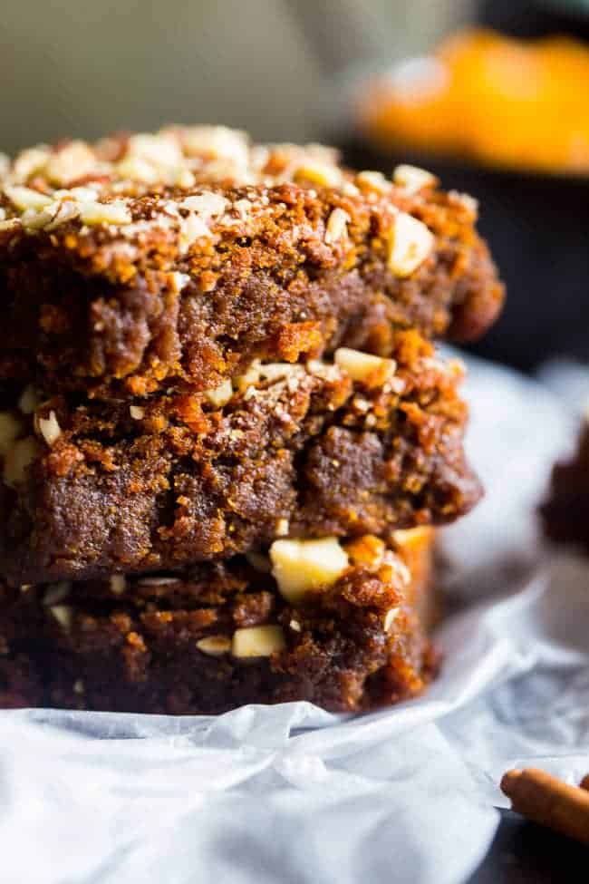 Vegan + Paleo Pumpkin Blondies - These one-bowl, pumpkin blondies are so dense, and sweet that you'd never know they're secretly healthy, have no butter or oil, and are only 105 calories! | Foodfaithfitness.com | @FoodFaithFit