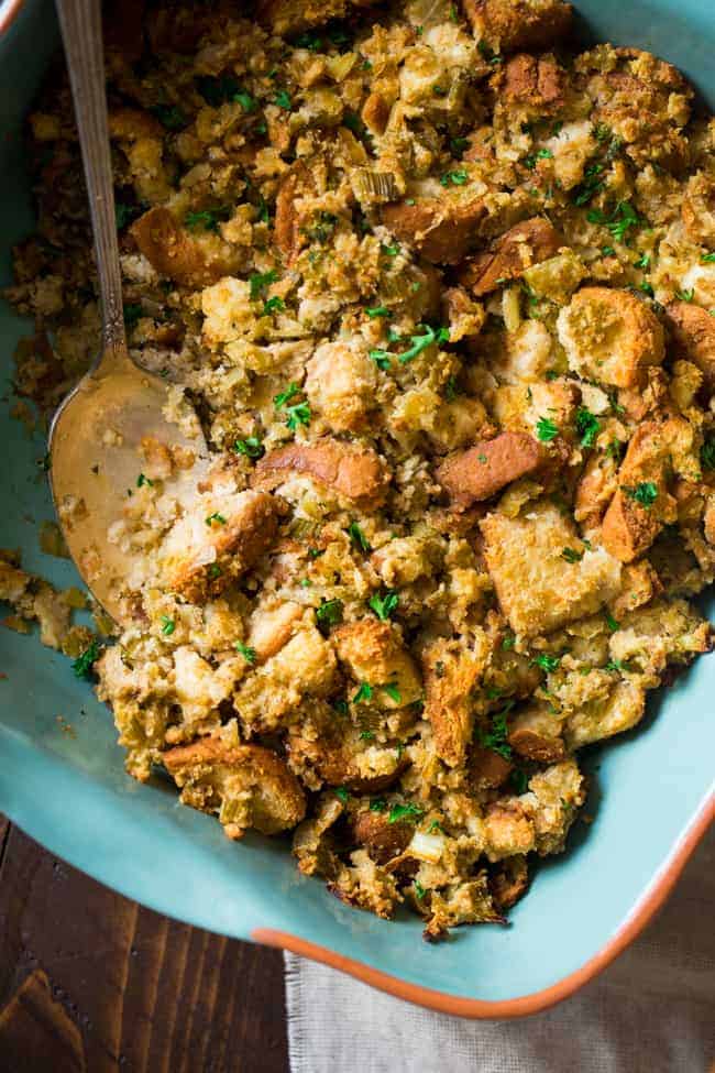 Easy Gluten Free Stuffing in a blue serving dish
