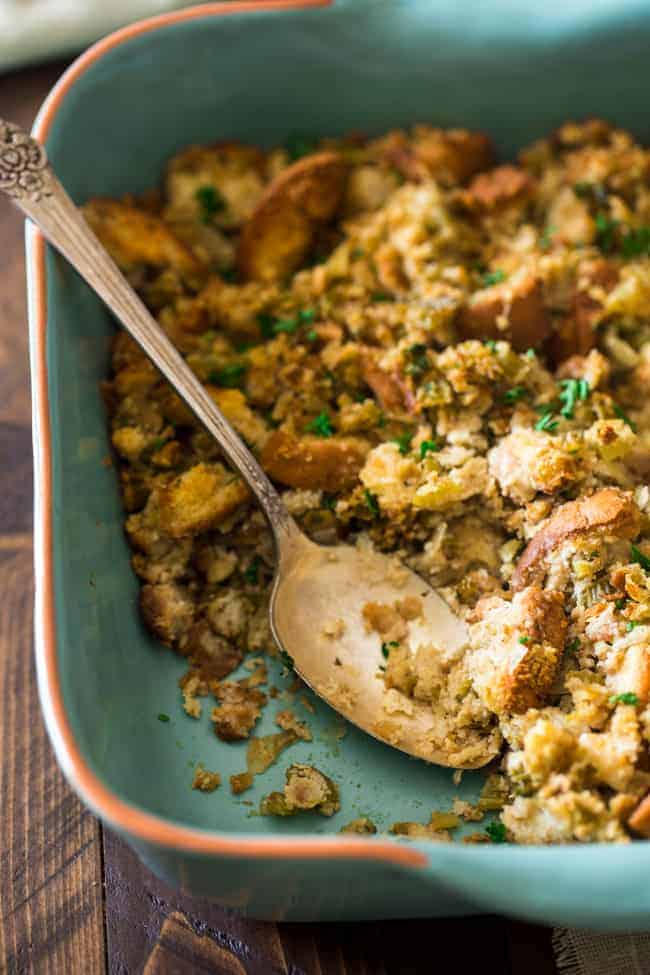 Easy Gluten Free Stuffing in a dish with a spoon
