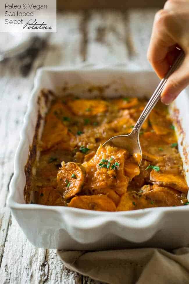 Paleo + Vegan Scalloped Sweet potatoes - These potatoes are SO creamy and flavorful, you'll have a hard time believing they're secretly healthy and paleo and vegan friendly! Perfect for Thanksgiving! | Foodfaithfitness.com | @FoodFaithFit