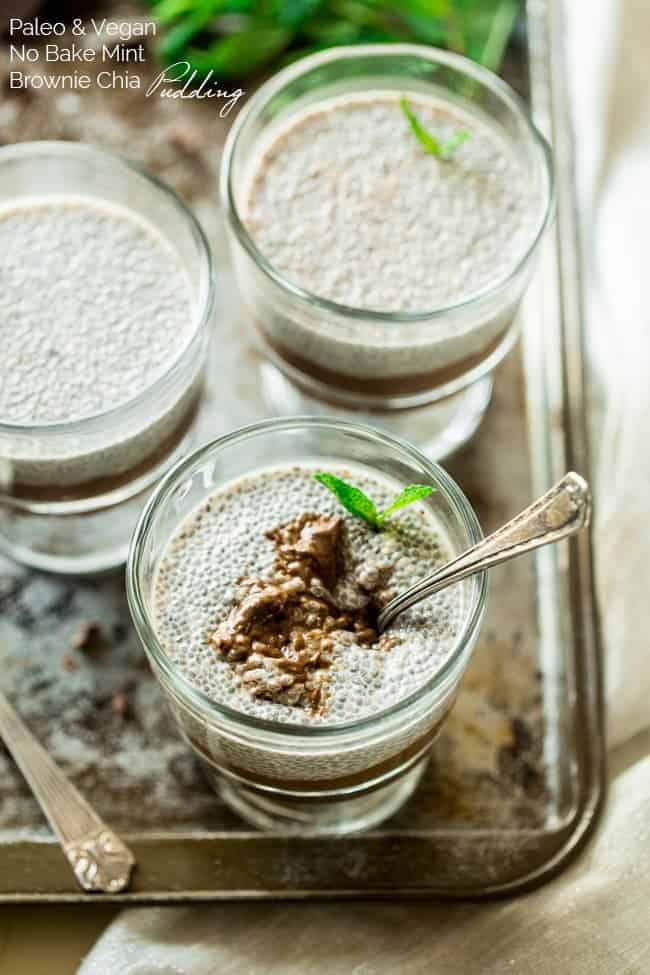 6 Ingredient Paleo and Vegan Brownie Bottom Mint Chia Pudding - This chia pudding recipe has a no-bake, gluten free brownie bottom and is only 6 ingredients and ready in 5 minutes. The perfect, healthy, make-ahead breakfast for Christmas morning! | Foodfaithfitness.com | @FoodFaithFit
