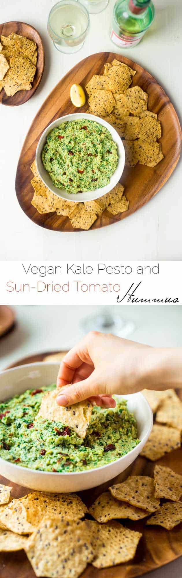 Vegan Kale Pesto and Sun-dried Tomato Hummus - This quick and easy, vegan homemade hummus features kale pesto and sun dried tomatoes. It's a healthy, gluten free appetizer or snack! | Foodfaithfitness.com | @FoodFaithFit