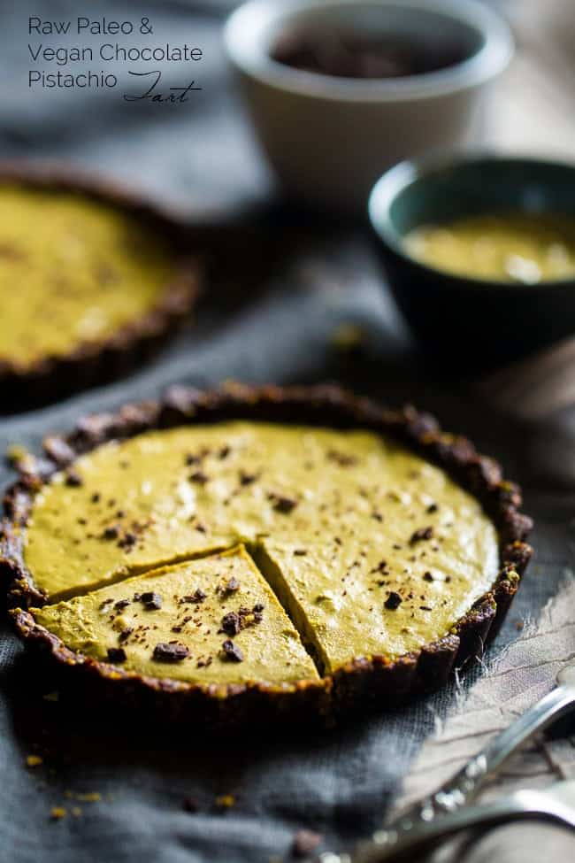 6 Ingredient Paleo and Vegan Raw Chocolate Pistachio Tarts - This vegan tart is made with only 6 ingredients! It's a healthy, gluten free and paleo dessert that is easy to make! Perfect for Christmas! | Foodfaithfitness.com | @FoodFaithFit