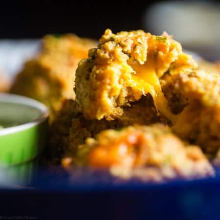 Cheese Stuffed Mexican Hummus Bites - These cheesy hummus bites are made extra crispy with roasted chickpeas! Dip them in a guacamole for a healthier snack or appetizer on game day! Only 3 SmartPoints. | FoodFaithFitness.com | @FoodFaithFit