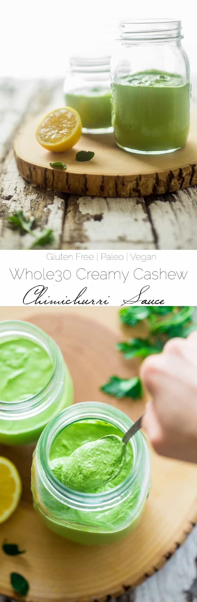 Whole30 Creamy Chimichurri Sauce - This chimichurri sauce uses a surprise ingredient to make it thick and creamy! It's a super easy, paleo, vegan and whole30 compliant addition to many meals! | Foodfaithfitness.com | @FoodFaithFit