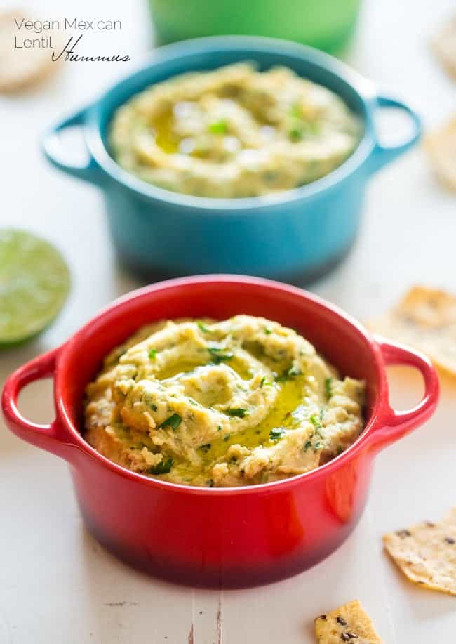 Vegan Mexican Lentil Hummus - This spicy homemade hummus uses a lentils instead of chickpeas! It's super easy, creamy and vegan friendly! Perfect for healthy snacking, or game day! | Foodfaithfitness.com | @FoodFaithFit